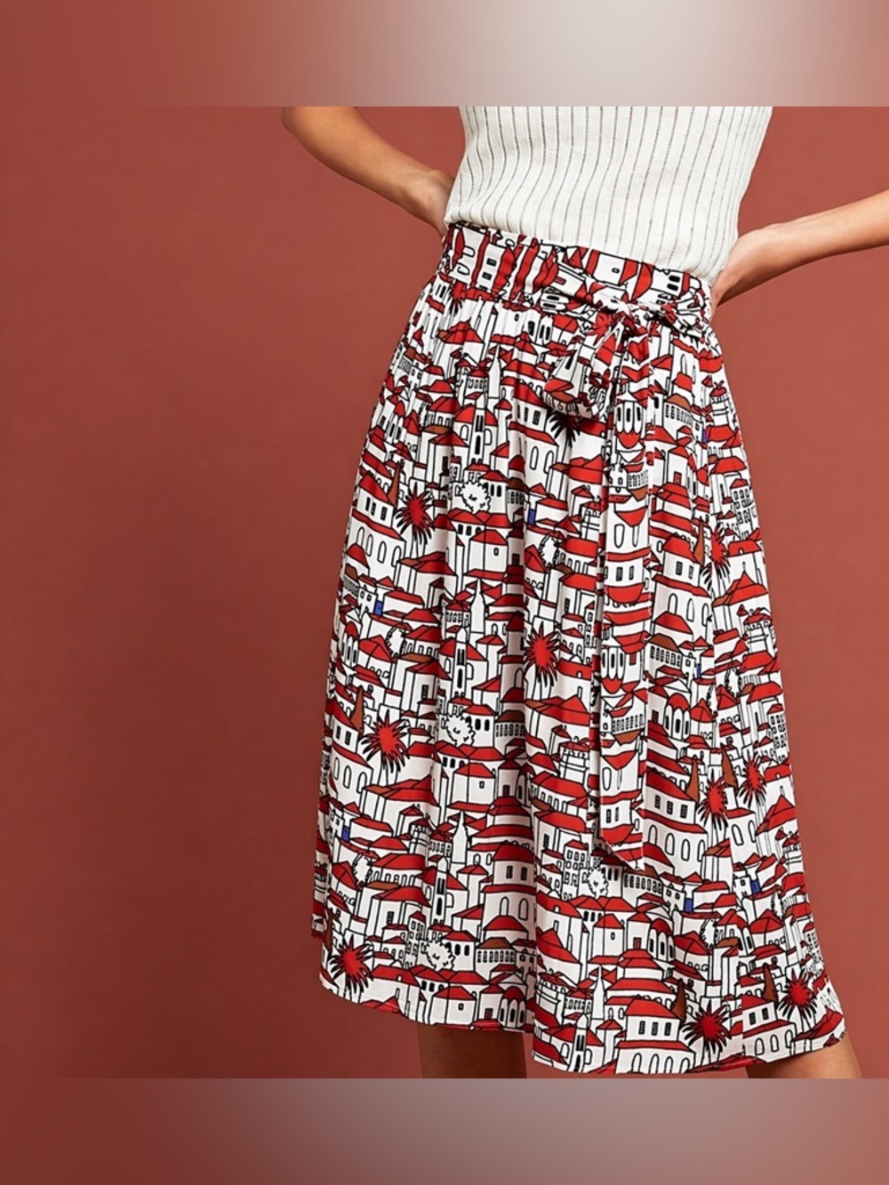 Anthropologie Porridge Midi Skirt Tie Red White Santorini Greece Roof City Print